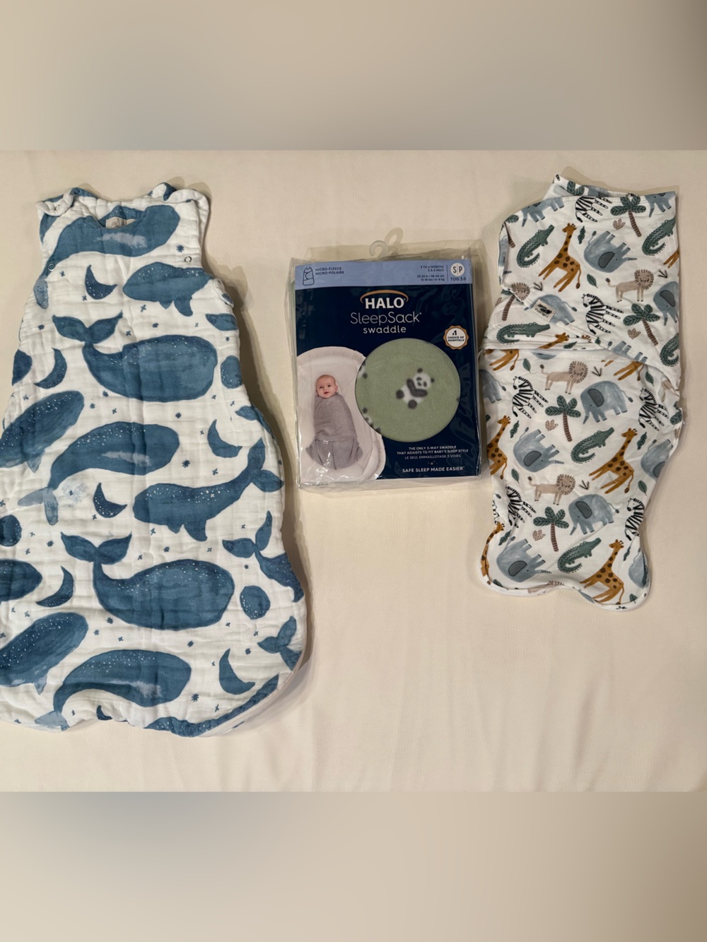 Baby Swaddle & Sleep Sack Lot of 3 - Norani, Halo, Crane Baby (0-9M), Newborn+
